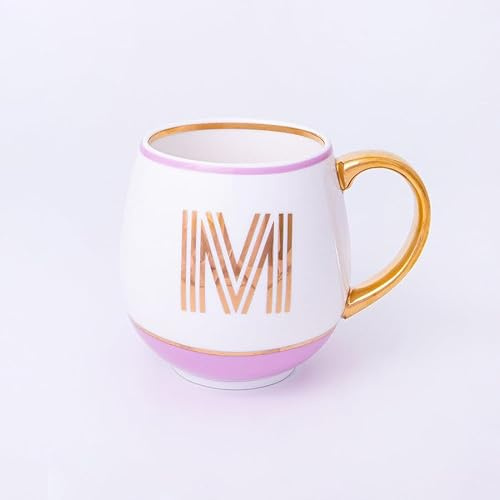 Bombay Duck Library Monogram Fine Bone China Mug, White & Blue with Pink & Gold Details, 450ml, Striped Gift Box, Hand Wash Only, Letter M