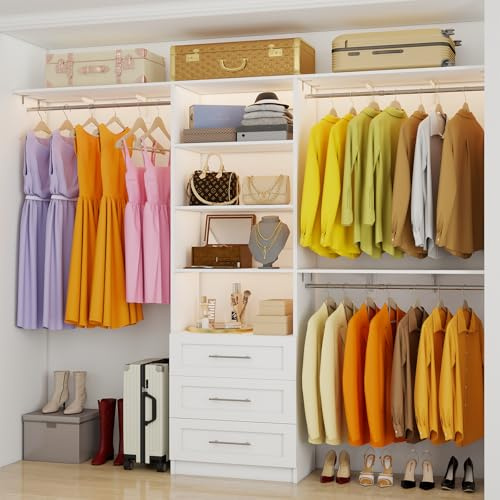 secilix Closet System with 3 Wood Drawers, 5-7.61FT Closet Organizer System with Cuttable Shelves for Walk in Closet with 3 Expandable Hanging Rods, Heavy Duty Built-in Closet for Bedroom, White