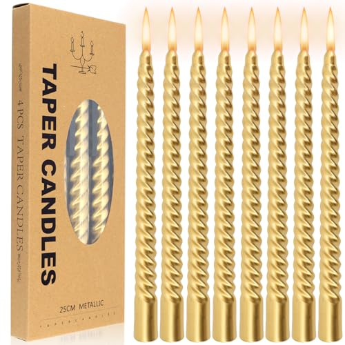 8 Stück Stabkerzen gedreht,25 x 2 cm, farbige Kegelkerze, duftneutral und rauchfrei, geeignet für Anlässe wie Geburtstage, Hochzeiten und Partys (Gold).