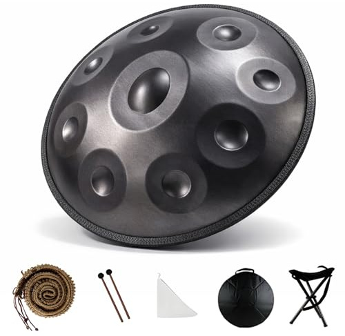22 Zoll Handpan Drum D Minor Handpan Instrument 9/10/12 Notes Hand Pan 432Hz/440Hz Zungentrommel für Meditation Yoga Music Performance Includes Soft Bag Mallets Stand(Schwarz,440HZ/9 Note)