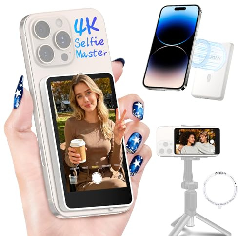 Moman Selfie Monitor Schermo 3,97 per Smartphone Fotocamera Posteriore | Compatibile con iPhone 7-16 e Android, Anello Magnetico Incluso, Anteprima in Tempo Reale per Vlog TikTok e Live - Bianco