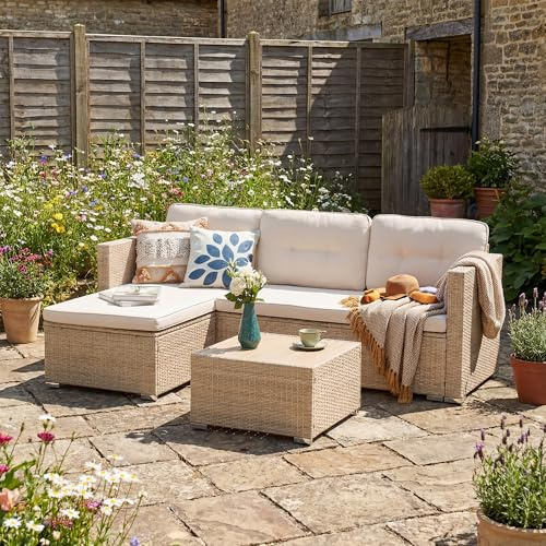 OC Orange-Casual 3-TLG Gartenlounge Set, Gartensofa Set mit Couchtisch, Outdoor Sitzgruppe für 3-4 Personen, Wetterfest&Stabil,Sitzecke für Garten, Terrasse, Hinterhof, Beige Rattan&Beige Kissen