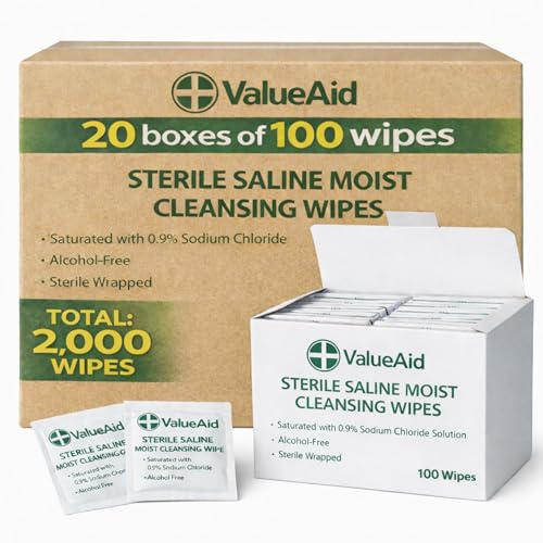 Value Aid Sterile Saline Moist Cleansing Wipes 2000 Bulk Pack - 20 Boxes of 100 Individually Wrapped Wipes - Alcohol Free Single Use Skin Cleansing Wipes for First Aid
