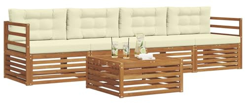 vidaXL Outdoor-Sofagarnitur mit Kissen 5 pcs Natur und Creme, Gartenlounge, modernes Outdoor-Sofa, Sitzmöbel für die Terrasse, langlebige Komfort-Einheit