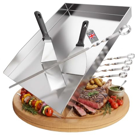Stainless Steel Griddle Plate - Thick & Rust-Free, Includes 2 Grill Spatulas & 5 Skewers - for Most BBQ Gas Grills and Charcoal Grills (40x30x4CM)