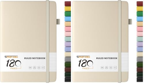 Smarpau A5 Notebook, 180 Pages Leather Journal Notebook Hardback Notepad, Thick Journal for Women Men, No Bleed for Writing, Note Book for Office School Travel-Beige (Pack of 2)