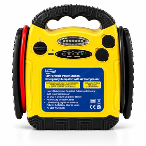 Streetwize SWPP1 Portable Power Pack - 900 Amp Emergency Jump Starter with 260 psi Air Compressor, 12 V Battery, Adapter Kit, LED Warning Lights