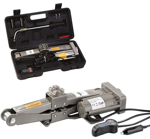 FISHTEC - Elektrischer Wagenheber 12V Auto - Stahl - Anhebt Bis zu 1 500 kg - Kommt mit Aufbewahrungskoffer - Anschluss Zigarettenanzünder - Rad Demontage mit Sockel 17 und 23 mm Inklusive