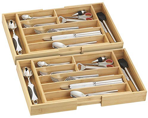 Rosenstein & Söhne Besteck Kasten: 2er-Set variable Bambus-Besteckeinsätze, 6-8 Fächer, 37-45,5 cm (Schubladeneinsatz Küche variabel, Besteckkorb für Küchen-Schublade, variabler)