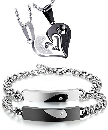 Cupimatch Schmuck Set Pärchen Puzzle Anhänger Halskette Edelstahl Armbänder Panzerarmband Zirkonia Panzerkette Partnerarmband Freundschaftsarmband Damen Herren Armreif, Silber Schwarz