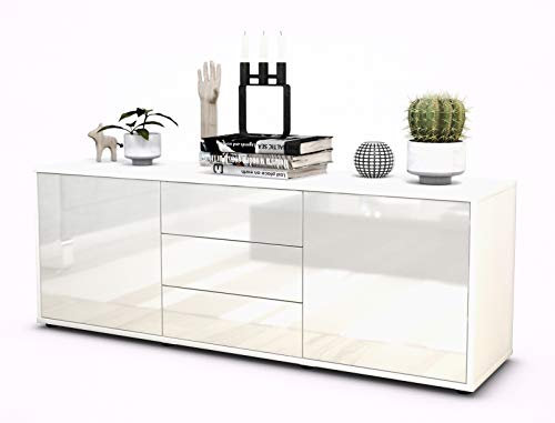 Stil.Zeit TV Schrank Lowboard Ameline, Korpus Weiss matt, Front Hochglanz Design Weiß (135x49x35cm), Push to Open Technik & Leichtlaufschienen