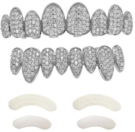 TSANLY Diamant-Grillz, vergoldet 14 Karat, Ober- und Unterdeckel, Sieht aus wie echte Diamanten, Klassische Box + Mikrofasertuch