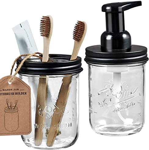 SheeChung Bathroom Accessories, Toothbrush Holder, Foaming Soap Dispenser, Bathroom Decor, Bathroom Accessory Set, Dish Soap Dispenser for Bathroom, Kitchen Sink - Black