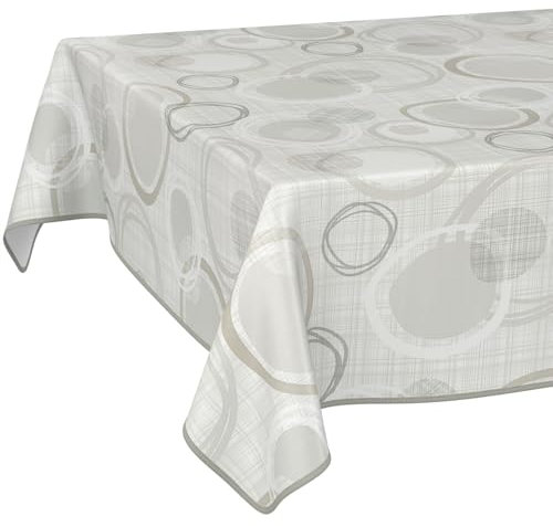 ANRO Tischdecke Wachstuch abwaschbar Wachstuchtischdecke Wachstischdecke Kreise Geometrie Weiß Silber 280x140cm mit Saum - Eingefasst