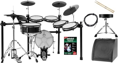 XDrum DD-650 PLUS Mesh E-Drum Kit - elektronisches Schlagzeug mit echter HiHat - 14 Snare-Pad und 14 Kick-Pad aus Holz - 720 Sounds - inkl. Rack, Hocker, Monitor, Sticks und Schule - Black Sparkle