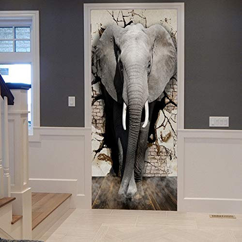 A.Monamour Türtapete Selbstklebend Türfolie Türposter 3D Elefant Kommt Aus Der Wand 3D Kunst Tier Thema Vinyl Folie Türdeko Tapete Wandbild Türaufkleber Türtattoo 90 x 200 cm