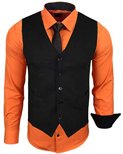 Baxboy Herren Hemd mit Weste Krawatte Anzugs Sakko Business Hochzeit Freizeit Hemden Frack Herrenweste Set wählbar B-44-HWKR, Farbe:Orange, Größe:3XL