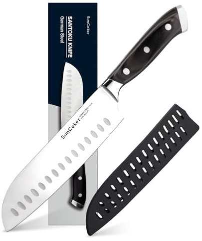 SimCoker Professional Santoku Knife 7 Inch – German Stainless Steel Blade, Sharp Knife, Ergonomic Pakkawood Handle, 3-Year Warranty