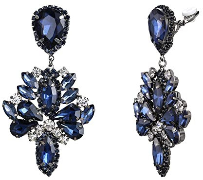 Clearine Ohrclips Art Deco Marquise Teardrop Strass Kristall Stetement Clip-on Dangle Ohrringe für Damen Sapphir-Blau Schwarz-Ton