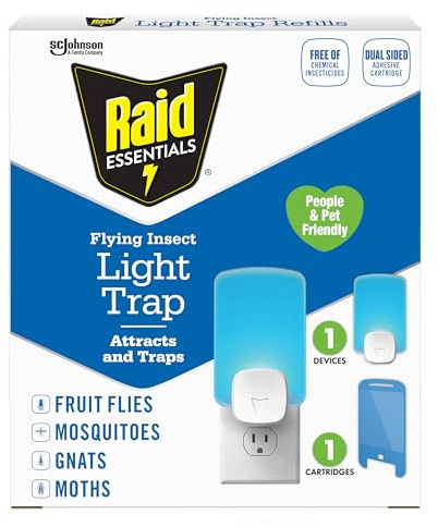 Raid Essentials Flying Insect Light Trap Starter Kit, 1 Plug-In Device + 1 Cartridge, Featuring Light Powered Attraction