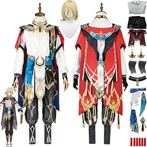 Tjmiaohao Genshin Impact Kaveh Cosplay Kostüm Outfit Spielfiguren Scaramouche Wanderer Uniform Full Set Herren Jungen Halloween Dress Up Anzug mit Ohrringen/Kopfschmuck/Perücke (M)