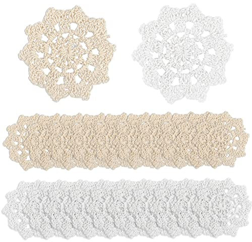 FINGERINSPIRE 30 Stück Handgehäkelte Spitzendeckchen (Weiß & Beige, 74~80 mm) Runde Spitzen Blumenblatt Deckchen, Kleine Gehäkelte Baumwoll Untersetzer Handarbeit Gestrickte Blütenblätter Für Kostüm