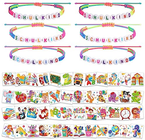 HOWAF Endlich Schulkind Armband Einschulung Armbänder für Erster Schultag Schultüte Füllung, Schulanfang Geschenke Junge Mädchen School Classroom Decorations (6 Set Schulkind Armband & Tattoos)