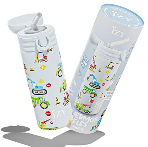 IZY Trinkflasche, Blau, Wasserspende, Trinkflasche Kinder, Wasserflasche mit Strohhalm, Thermobecher, BPA-frei, Trinkflasche aus rostfreiem Stahl, Heiß oder kalt für 12 Stunden, 350 ml