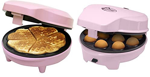Bestron Herzwaffeleisen, Waffeleisen für Waffeln in Herzform + 3-1 Cake-Maker mit 3 auswechselbaren Backplatten: Donuts, Muffins und Cakepops, Farbe: Rosa