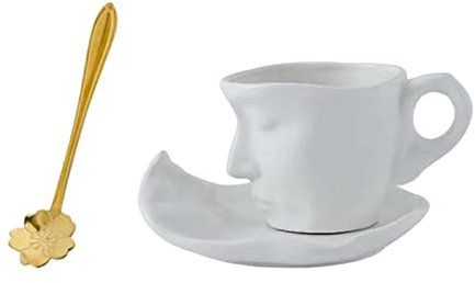 Duiaynke 3D Human Face Pattern Mug Abstract Human Face Kissing Ceramics Coffee Mug with Coaster and Flower Shape Spoon home Creative Decor (White)
