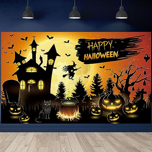 Moorle Halloween Banner, Halloween Party Deko Hintergrund 180X110cm, Halloween Deko Hintergrundtuch Mit Kürbis Hexenhof Happy Halloween, Extra Große Halloween Dekoration Stoff, Trick Or Treat Banner