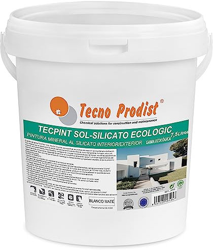 TECPINT SOL-SILICATO ECOLOGIC de Tecno Prodist (7,5 Litros) Pintura al silicato mineral exterior e interior al agua, 100% Natural. Paredes y Techos, Transpirable - Sin olor (BLANCO MATE)