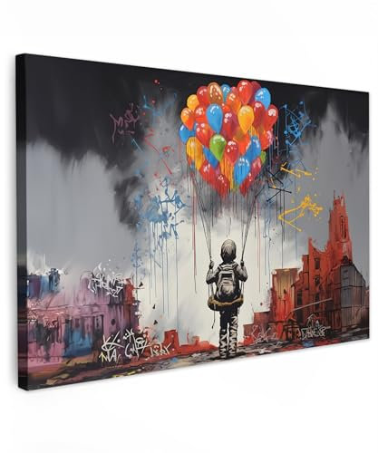MuchoWow© Leinwand Bilder 90x60 cm Wanddeko Wohnzimmer Aesthetic Room Decor Deko Zimmer Wandbilder Modern Fotogeschenke Banksy - Street Pop Art - Junge - Luftballons - Gebäude - Kunst