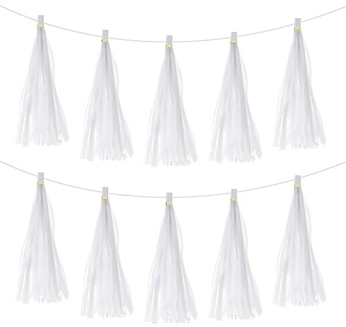 sourcing map 15Stk Weiß Quaste Girlande Banner mit Seil Seidenpapier Quasten Party Quasten Bastel Set für Hochzeit Geburtstag Party Deko