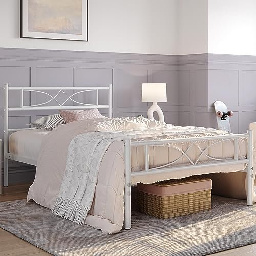 Yaheetech Metallbett 90 x 190 cm Bettrahmen mit Hohem Kopfteil Gästebett mit Lattenrost für Schlafzimmer Gästezimmer Viel Stauraum unter dem Bett Weiß