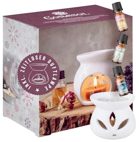 Corasol Premium Wellness Duftöl Adventskalender mit 24 ätherischen Ölen & zeitloser Duftlampe (240 ml) Tropfen Zimt