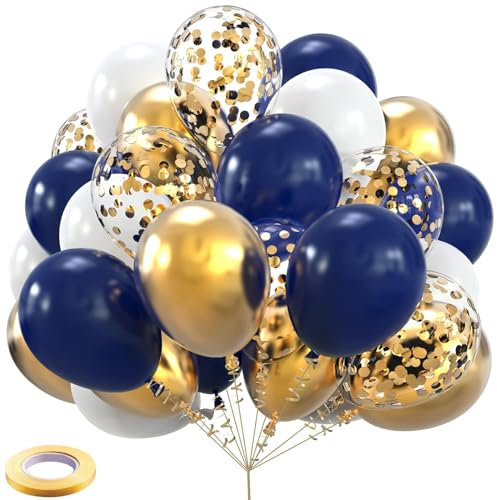 ALEGRE 60 Stück Luftballons Blau Gold,12 Zoll Geburtstagsdeko Blaue Luftballon mit Konfetti Luftballons Helium und Bändern,Ballons Blau für Geburtstag,Hochzeitsdeko,Taufe Deko,Babyparty,Silvester Deko