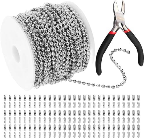 Sporgo 15 M Kugelkette Edelstahl: 2,4MM Edelstahlkette mit 100 Passenden Anschlüssen, Kugelkette DIY Halskette Herstellen Schmuckkette, Schmuckherstellung Ketten mit Schmuckzange zum Basteln (1, A)