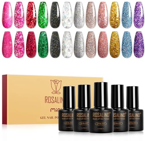ROSALIND UV Nagellack Glitzer, 12 Farben Rosa Rot Grün Schwarz Gold Violett Glitter Gel Nagellack Set,Shellac Soak Off UV Gel Nail Polish Für UV Lampe Farbgel für Gelnägel Maniküre Geschenkset