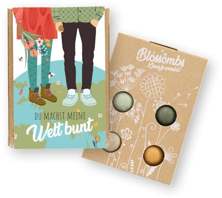 Blossombs Samenbomben Geschenkbox Mini - Du machst meine Welt bunt - Blumen Geschenk mit 4 Saatbomben - Saatgut Blumensamen Geschenk für Bienen und Schmetterling Blumenbombe Seed Bombs