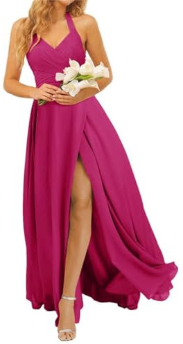 Vestidos largos de dama de honor, sin mangas, con volantes, de gasa, abertura alta, fucsia, 34