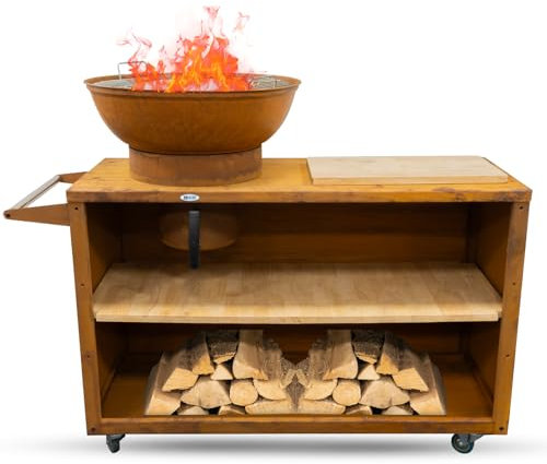 HEAT Outdoor Living Feuerkorb Trolle Rost- Feuerkorb für den Garten - Feuertonne & Feuerstelle - Feuerschale aus stabilem Stahl - Mit Plancha und Grill zum Kochen - 117x46x106 cm
