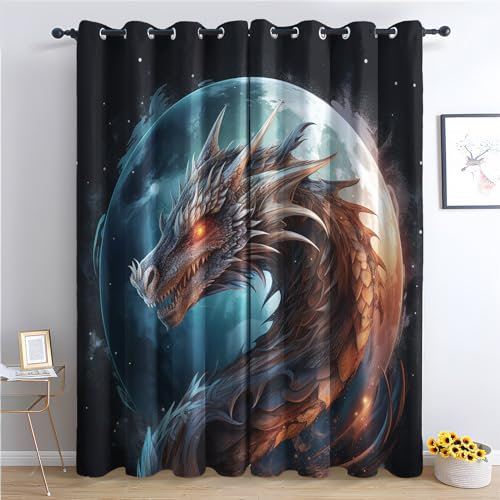 Generisch Vorhänge Drache Muster - Kinder Jungen Mond Fenster Gardinen mit Ösen, Vorhang Blickdicht Verdunklungsvorhänge Thermovorhang für Wohnzimmer Schlafzimmer Deko 2er Set, H 166 x B 75 cm P&-38