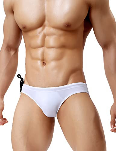 Casey Kevin Slips de Bain Homme Maillot de Bain Bikini Slips Taille Basse Swim Briefs pour Piscine Plage Cordon de Serrage Ajustable Blanc