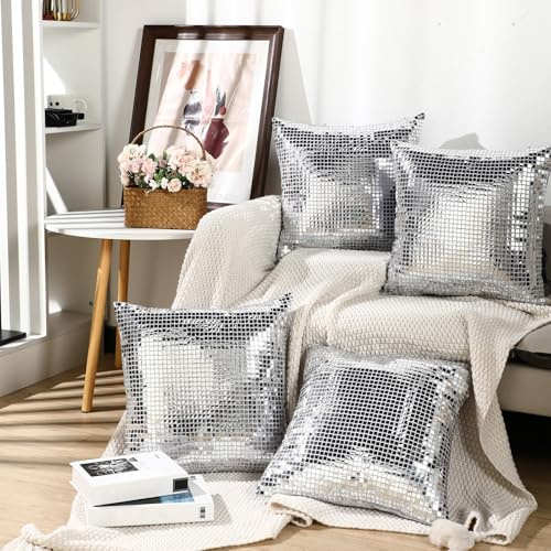 Fanfanwin 4 Stück Silberne Discokugel-Kissenbezüge, 45,7 x 45,7 cm, Pailletten, Glitzer, dekorativer Kissenbezug, für Zuhause, Bett, Wohnzimmer, Sofa, Geburtstag, Hochzeit, Party, Dekoration