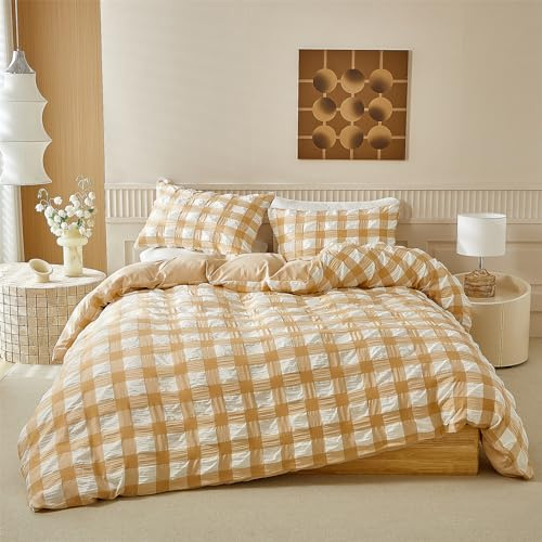 YASMENG Seersucker Bettwäsche 135x200 Beige Weiß Kariert Bettwäsche Seersucker Modern Bettwäsche Mikrofaser Weich Atmungsaktiv Bettbezug Set 2teilig mit Reißverschluss und 80x80 cm Kissenbezug