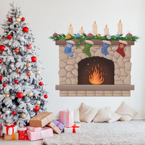 HPNIUB 3D Christmas Fireplace Wall Stickers Winter Holidays Decorations,Xmas Socks Mistletoe Festive Stickers,Christmas Decorations for Living Room, Bedroom, Nursery, Winter Party Decor