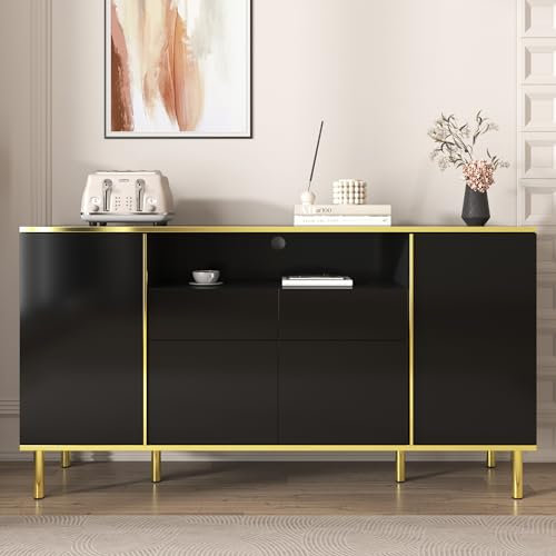MSMOK Hochglänzendes schwarzes Schubladen kommode, Sideboard mit 2 Schubladen Kommode Schlafzimmer Schubladenschrank, Hochglänzendes schwarzes Sideboard-B150/T40 /H80cm (Schwarz)