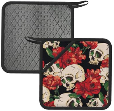 Topflappen-Set mit Totenkopf-Motiv, quadratisch, Silikon, rutschfest, hitzebeständig, für Küche, Backen, Kochen, 2 Stück