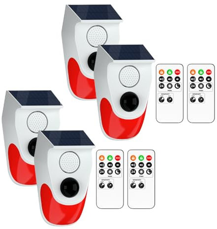 Bewegungsmelder Aussen, Solar Alarmanlage Haus mit Fernbedienung, Bewegungssensor 30dB/60dB/120dB 3 Modi Bewegungsmelder für Haus, 4 Stück